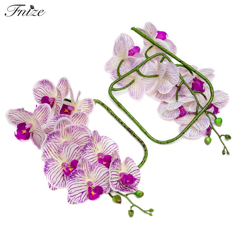 Fnize Faux Orchid Stems Artificial Flowers Phalaenopsis 38 Inch 2pcs Real Touch Latex 9 Large Petals Purple Pattern - Image 4